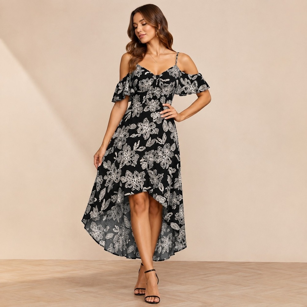 Rewind Black Floral Hi-Lo Midi Dress Women's Small Coquette Festival Boho Chic